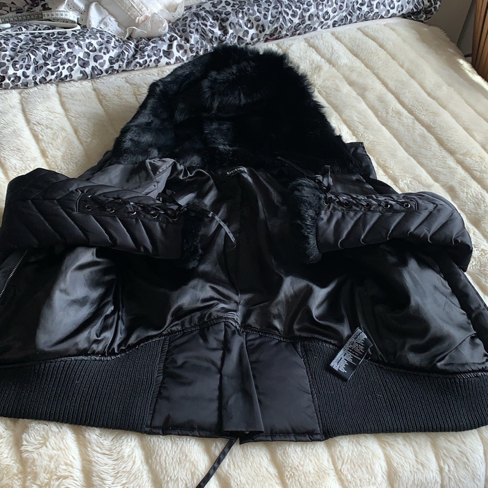 Bebe RARE Y2K Lace Up corset HOODED DOWN Fill Genuine Rabbit FUR jacket M🇨🇦 - Picture 12 of 15